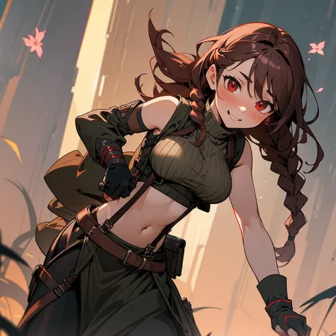 1female, sexy, big breast, young adult, finely detailed red eyes, wild long hair, braided hair, dark brown color hair, adventurer gear, suspenders, sleeveless crop top sweater, baggy combat skirt, night time, dark forest, happy expression, flowers, blushin...