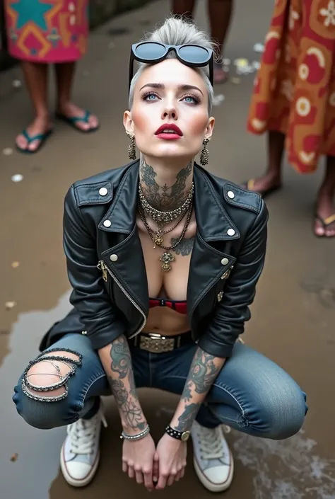 russian milf woman, grey  hair  (top bun, shaved sides),  oversized maxi sunglasses as headband, with very light blue eyes, extremely pale skin. Wearing cropped aged black moto jacket with lots of zippers and pins, flipped up collar. Worn skinny dark low r...