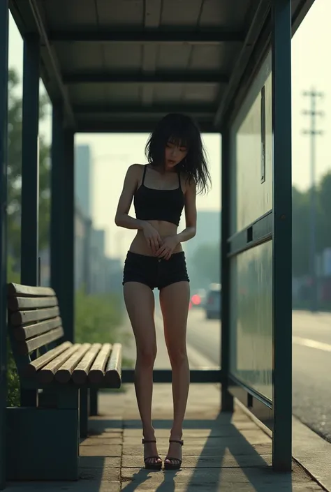 Girl in black top and mini shorts pees, standing at the bus stop, waiting for the bus