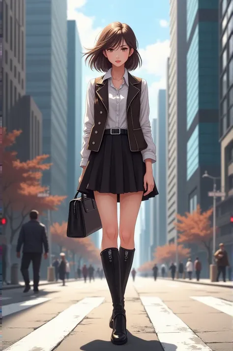  girl was wearing a dark brown vest with a white blouse and a short black skirt. Her knee-high black boots completed the look..