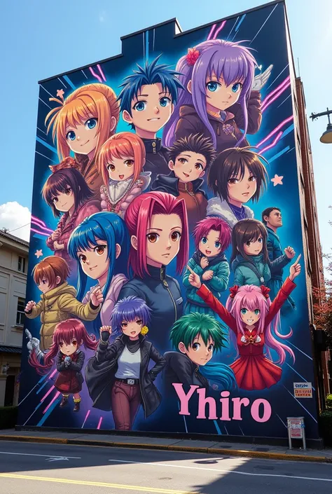 A mural with anime drawings and that says YHIRO