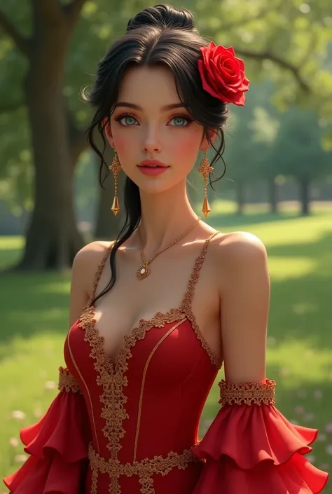 Woman Jennifer connelly Young 20 years old model long hair Brow bun with red rose in hair n blue eyes dress red ballet flamenco sevillana ruffles golden lace long earrings golden in park 