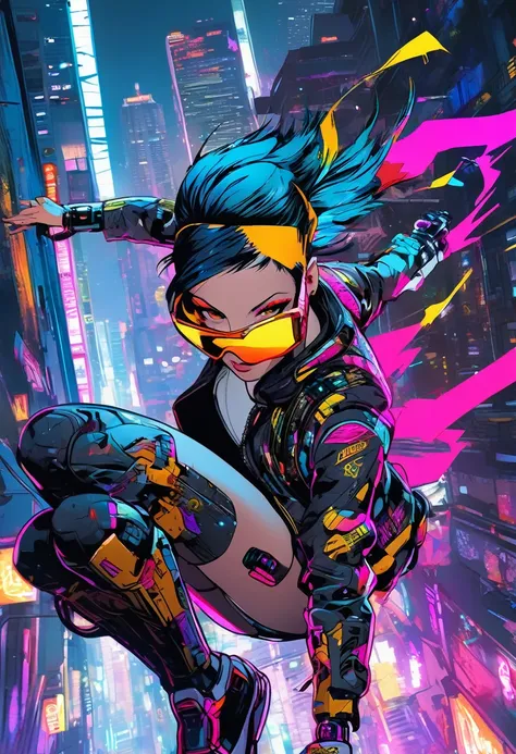 1 cyberpunk girl, sunglasses, short hair, robotic arm, tattoo on a large part of the body , jump from a building ,big cyberpunk ...