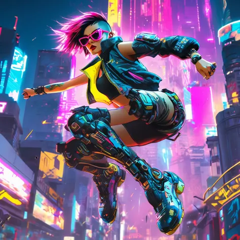 1 cyberpunk girl, sunglasses, short hair, robotic arm, tattoo on a large part of the body ,  jumping pose ,big cyberpunk city at...