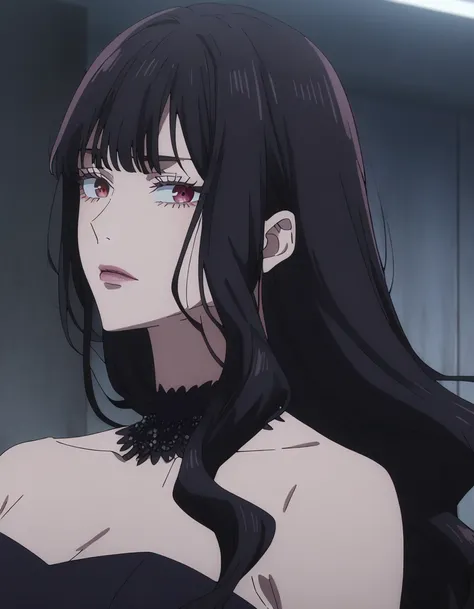 1girl, anime screencap from jujutsu kaisen, gojo satoru female version, solo, long_black hair (long hair) red Eyes, pink lips, cool, looking_at_viewer, perfect background, indoors, side view, black_hair, bangs, eyelashes, (prom night outfit), hair_between_...