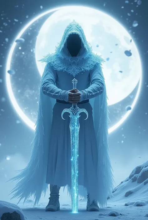 Mysterious man, ice hoodie, ice sword in hand, snowy biome background, hyper realism, logo 