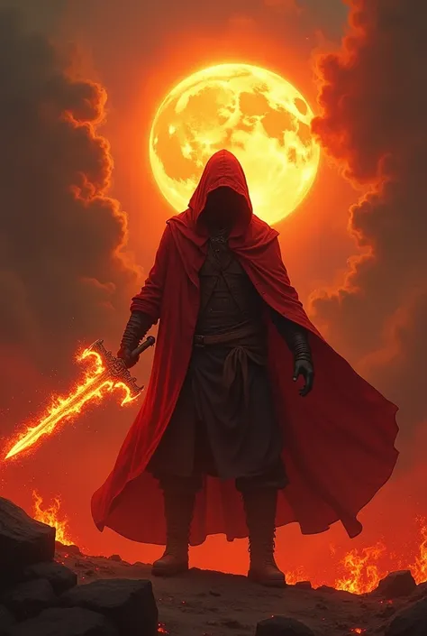 Mysterious man, fire hoodie, fire sword in hand,  hell background, sun in the background, hyper realism, logo 