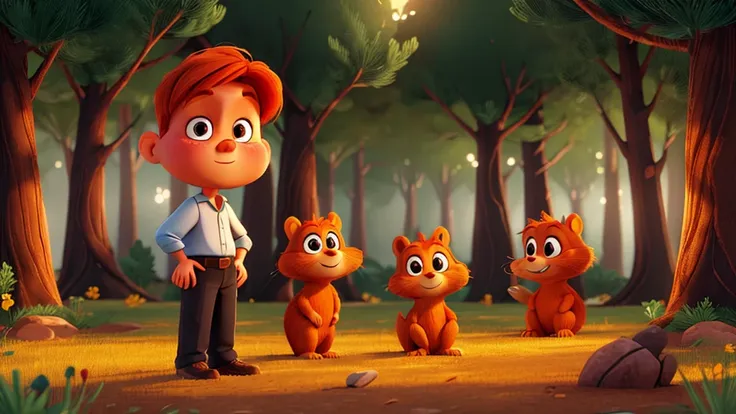 "A vibrant digital painting of a ginger-haired boy, Tommy, with a gentle smile, explaining to a frightened squirrel, Sammy, the reason behind his investigation. The scene is set in a twilight forest, with golden sunlight illuminating their faces. Sammy, wi...