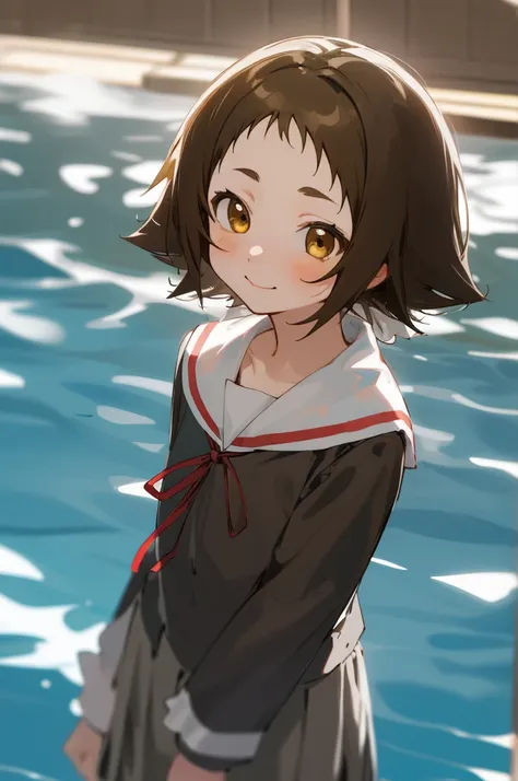 masterpiece, Highest quality, One Girl, Mashiro Mitsumine, (brown eyes:1.5), brown hair, Upper body, Pool、Water Play、seems to be happy、short hair, , Black-haired, Casual clothing, Frills,Top view、grey skirt, long sleeves, neck ribbon, red ribbon, ribbon, s...