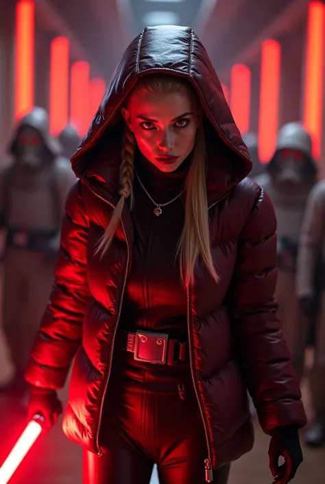  a slim ponytail  angry sith wielding her bright lightsaber, she is walking in room full of jedi,beautiful detailed bright red-colored eyes,beautiful freckles,beautiful detailed lips,extremely detailed eyes and face,longeyelashes, wearing beautiful detaile...