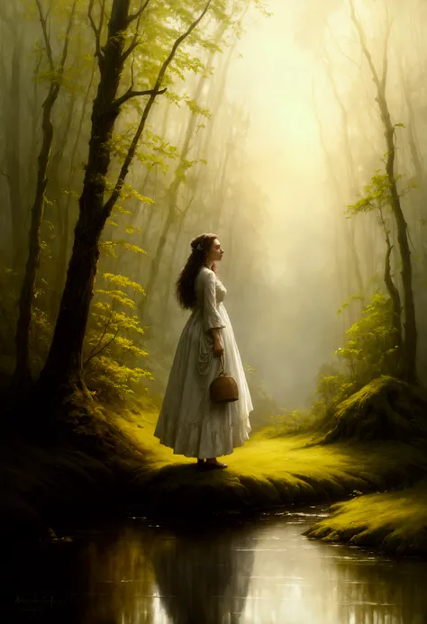 a painting of a woman in a white dress standing in a forest, inspired by Jakub Schikaneder, inspired by Igor Kieryluk, by Christophe Vacher, inspired by Christophe Vacher, inspired by Michael Malm, by Jakub Schikaneder, inspired by mark keathley, by Igor K...