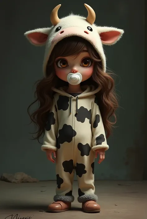 DISNEY PIXAR COVER  WITH DARK BROWN EYES LONG BROWN HAIR WITH WHITE PACIFIER DRESSED AS A COW 