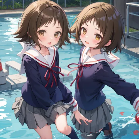 masterpiece, Highest quality, One Girl, Mashiro Mitsumine, (brown eyes:1.5), brown hair, Upper body, Pool、Water Play、seems to be happy、short hair, , Black-haired, Casual clothing, Frills,Top view、grey skirt, long sleeves, neck ribbon, red ribbon, ribbon, s...