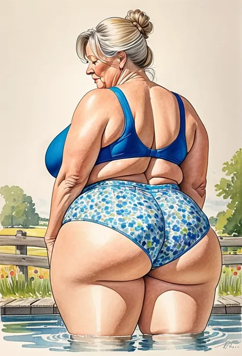 A colored pencil sketch of a beautiful 55yo swedish farm wife, huge saggy breats. huge hips.. shorts. shirt. stockings. bbw. face down ass up, she has hefty glutes, getting ready for a swim, two piece attire,