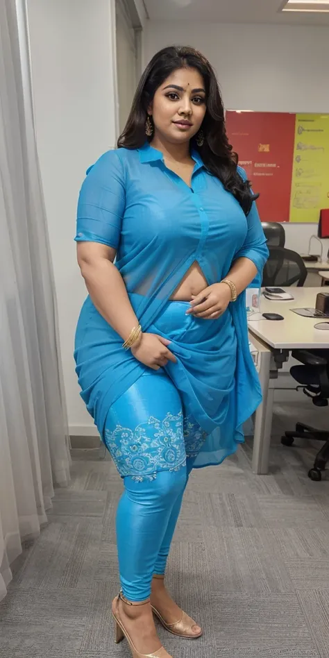 Day scene, A radiant, full-figured South Indian 3 aunty a blue colour chiffon fully transparent kurta, and leggings, ,standing, in a office captured in a full-body image with vibrant hues and meticulous details. Full body image