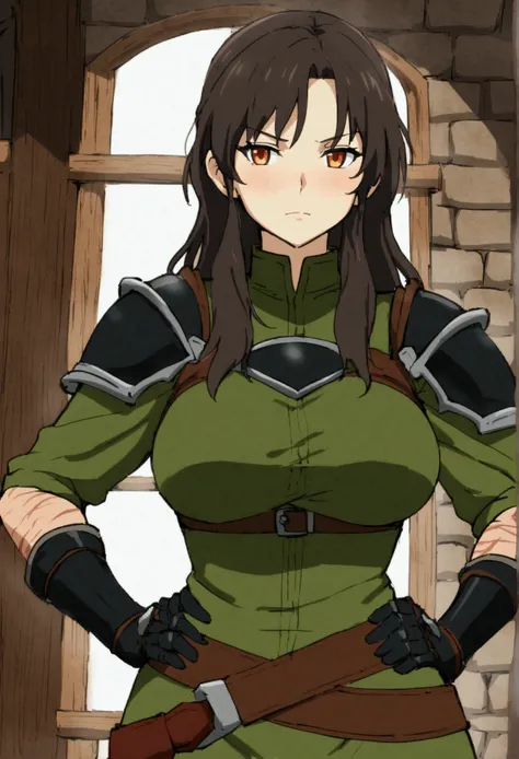 {{upper body, dutch angle}} {{Artist: sincos}} 1girl, mature female, female adventurer, dark brown hair, shoulder length hair, amber eyes, moss green shirt, yellow trimming, lizard patterns on shirt, exposed chest, leather shoulder armor, armored gloves, b...