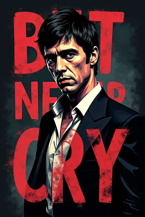 make a shirt with the phrase but never cry in english and add some tony montana
