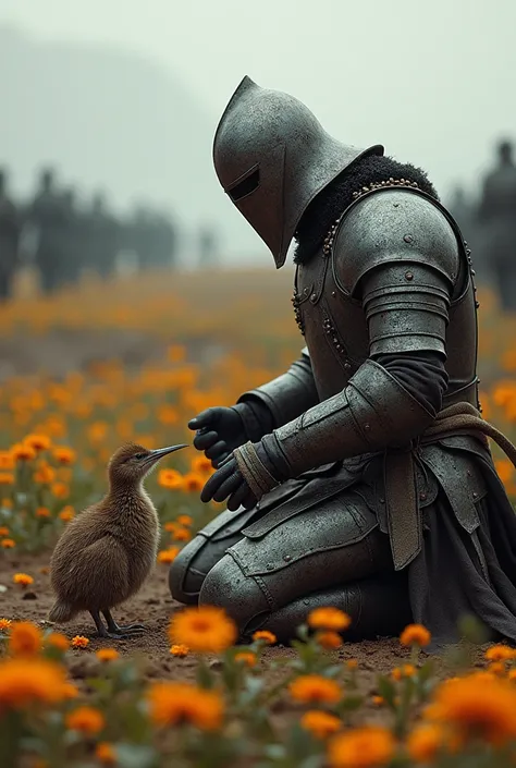 Medieval warrior with helmet covering his entire face (minute details in the armor which is of a general), on your knees and slightly crouched, leaning on his sword,  watching a kiwi (the kiwi bird) and touching his head with the tips of his fingers of his...