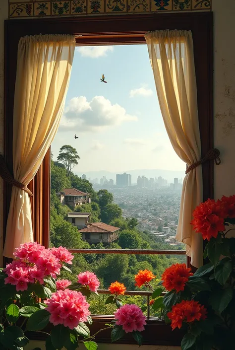 Window: A colonial-style wooden window, partially open, with flowing curtains.
Flowers: Vibrant bougainvilleas and colorful ipê flowers in the foreground, representing Brazil’s lush flora.
Cityscape: In the background, a contrast between a hillside with si...