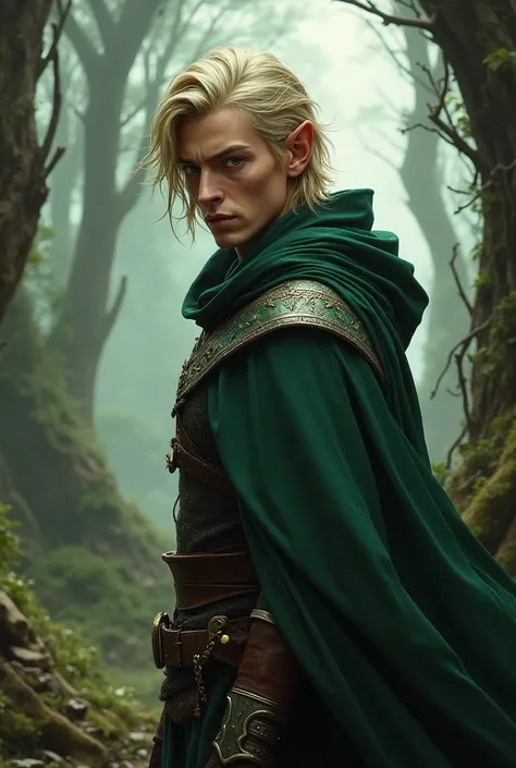 male semi elf, blonde, burn scar on his left side of the face wearing a cloak