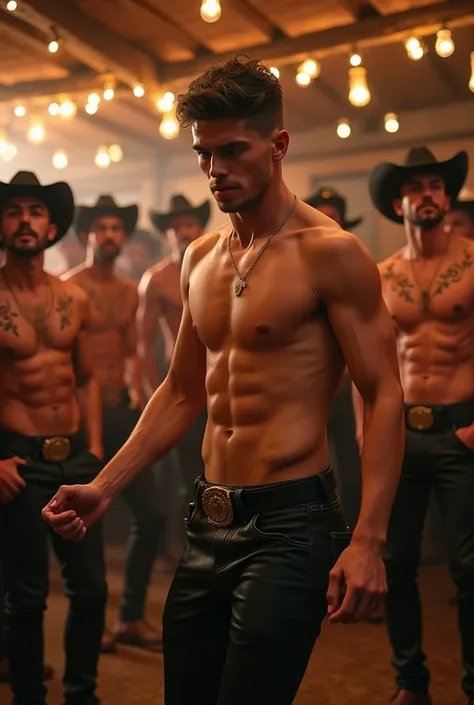 A cute young handsome gay man dancing at a cowboy party while the other men watch him wanting to conquer the shirtless dancer, cute, white skin, thin, some cowboys wear an arrayas shirt and black leather pants