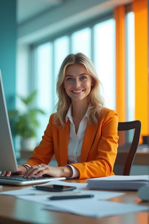 Create a vibrant and dynamic promotional image for a Professional Secretary course. The image should feature a modern office setting with a person organizing documents, using a computer and a smartphone simultaneously. Bright and energetic colors should be...