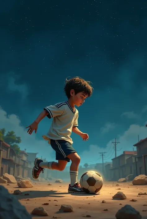 A  boy, with a worn-out ball on a dirt pitch under a starry sky dreaming of playing for Real Madrid 