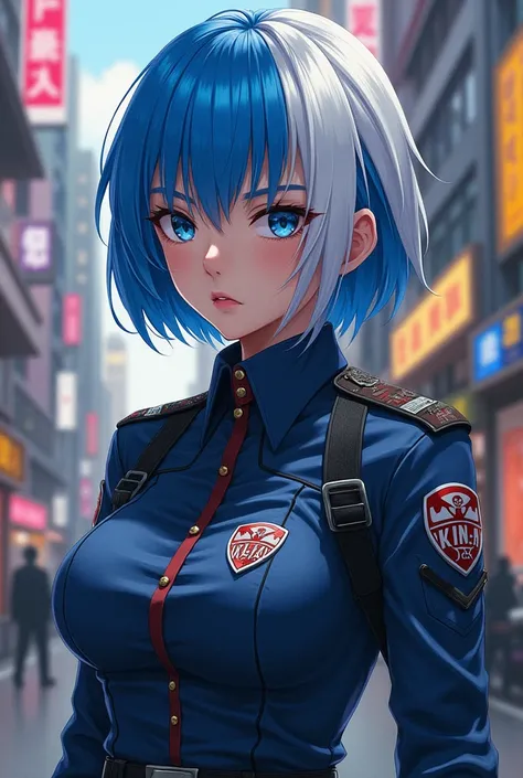  attractive girl with short blue and white hair in Tokyo revengers Toman gang uniform Tokyo revengers version 