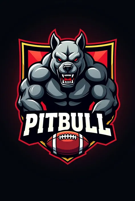 Create a gray pitbull logo&#39;S; com braçoS forteS, com veiaS Segurando a palavra eScrito ENVOLVENTES com olhoS vermelhoS, face for a football team. Faça dele um eScudo em formado quadrado com detalheS preto e dourado com detalheS vermelho e uma bola de ....