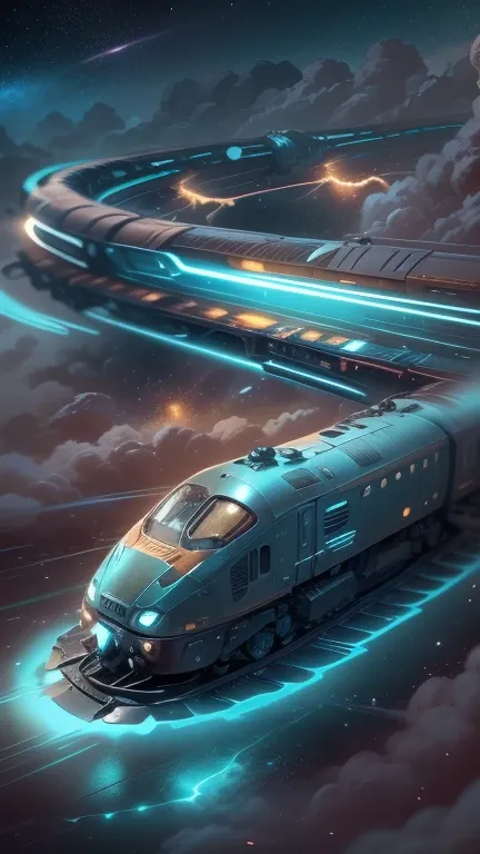 Fantasy，8k,Very detailed, masterpiece,High resolution,Highest quality,Increase the resolution,Cinema Lighting,Different space，4D World，Night on the Galaxy Express，cyber-，Light blue body，Train-shaped spaceship，Steam locomotive type spaceship，Controlled by a...