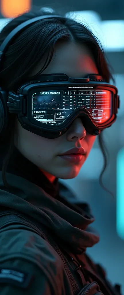 (masterpiece:1.2,Distinguished Quality,Mirror-like,Cinematic Experienc),8k,wallpaper,Ray Tracing,(woman),Are standing,(美しいwoman),(Wearing futuristic tactical goggles:2.0,Tactical data is displayed on the goggles:2.0,Detailed drawing of goggles:2.0),(tactic...