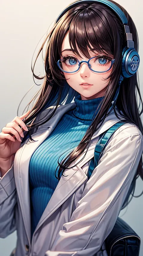 Pencil drawing of a girl in a blue turtleneck with glasses and headphones 