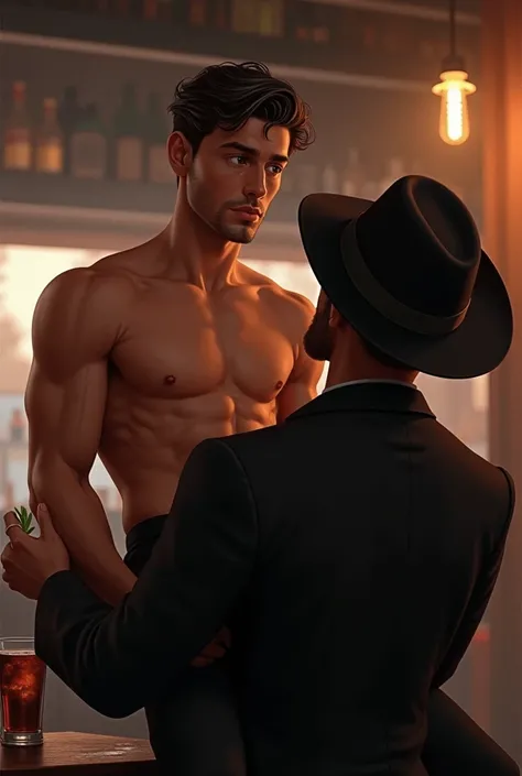 Young handsome white cute attractive man in a bar shirtless with a drink in his hand being lifted up on his arm by a friend wearing a black hat and black clothes 