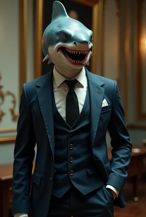 shark in the body of a man dressed in a suit, evil smile, Classicism, super detail