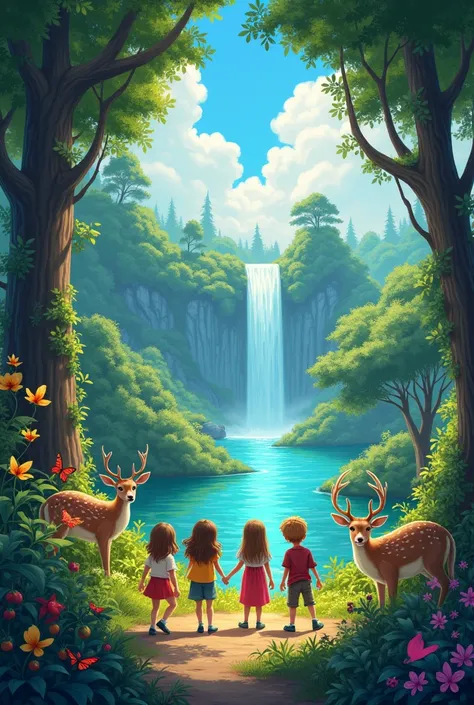 Forest Entrance
"As they wandered deeper into the woods, they stumbled upon a vibrant forest filled with juicy fruits, towering trees, and a majestic waterfall."
Exploration
"The kids marveled at the forests beauty, spotting friendly creatures like deer, b...