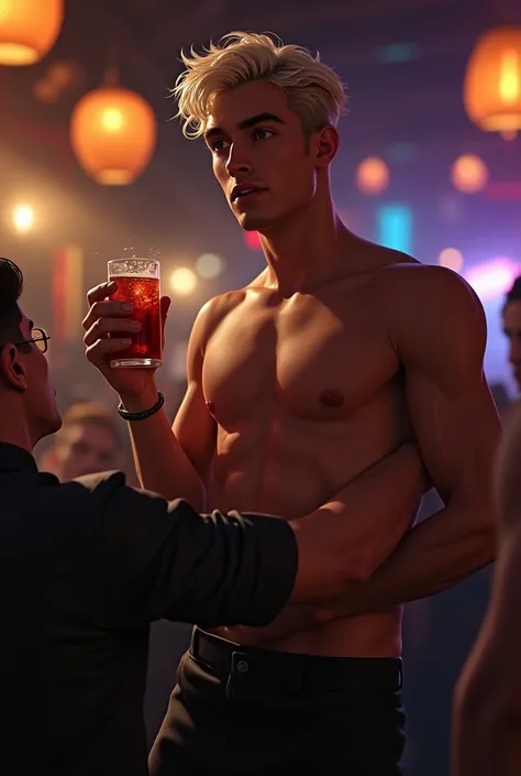 Young handsome white cute attractive man in a bar shirtless with a drink in his hand being lifted up on his arm by a friend in a black hat and black clothes realistic