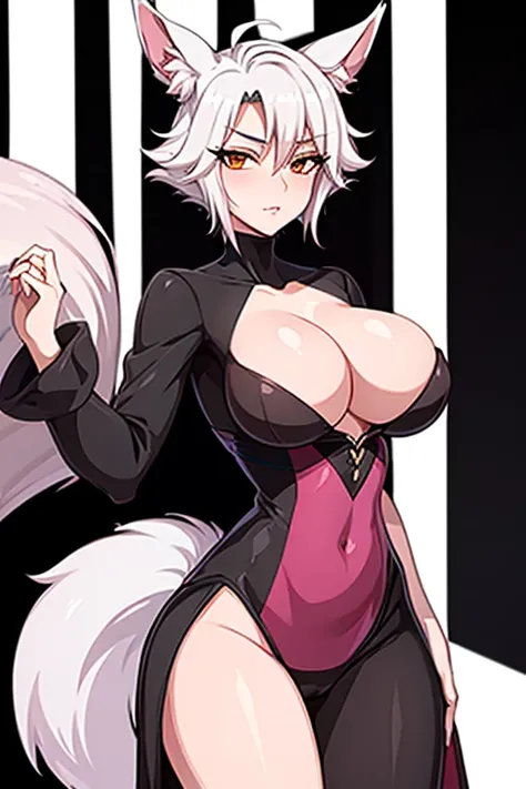 Fox-tailed zorro waifu, milf, pirate clothing , HD 4k , pelo blanco con rosa, busto, 