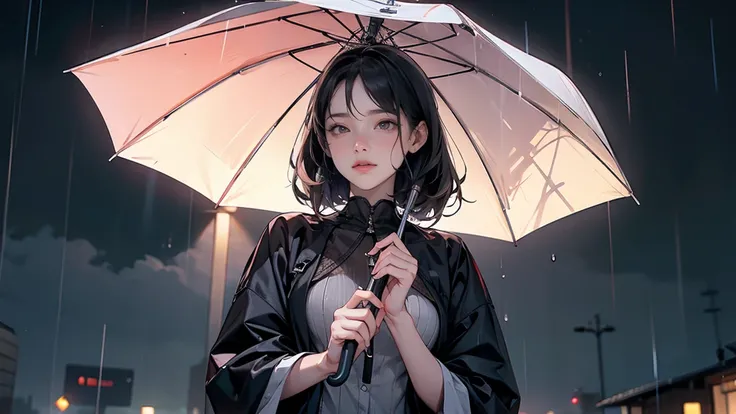 A person under an umbrella in the rain, staying dry and calm.