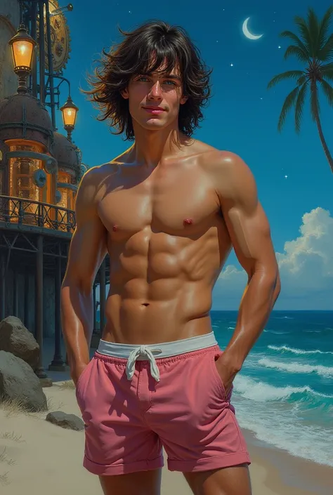 Art By Mark Brooks, Young and handsome man, by David Palumbo, with Volumous hair, pink lipstick, Short cotton short, Big blue eyes, steampunk place, In california beach, At night, Happy, realistic, detailed, oil paint.Colorful, vivid colors, Mysterious
