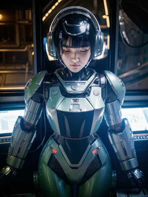 masterpiece, Highest quality, Very detailed, Japanese Android girl,Plump,Slightly thicker,Control panel,robot arms,robot,Android,cyborg,white robot body,Blunt bangs,robot repair plant,The spaceships cockpit,Harness Belt,headset,Helmet