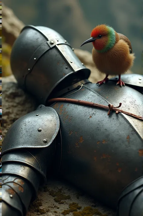 medieval warrior (minute details in the armor) with a helmet that covers his entire face, is leaning on a stone, dead, with an arrow piercing his chest, with a kiwi (the kiwi bird) on his chest 