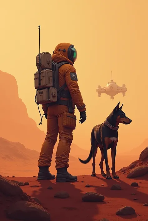 A dog and a man on Mars with a spaceship behind them
