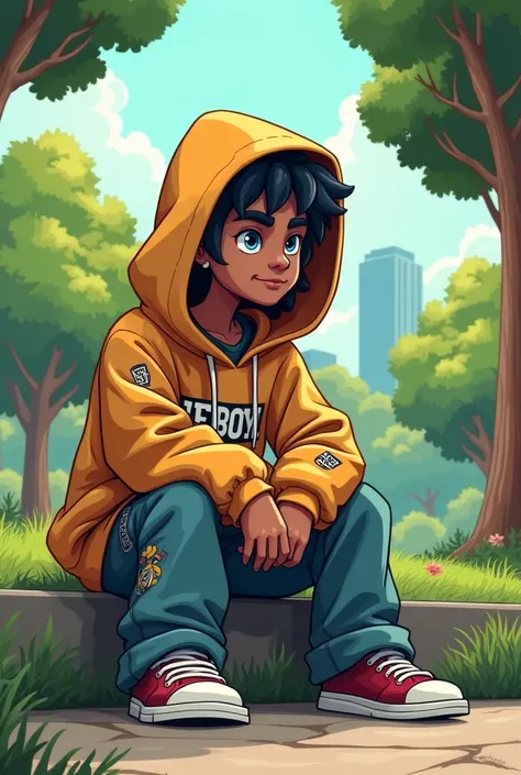 A person with a thin texture wearing loose, hooded Rapper-style clothing sitting in a park but in a Cartoon style so that the face is not noticeable