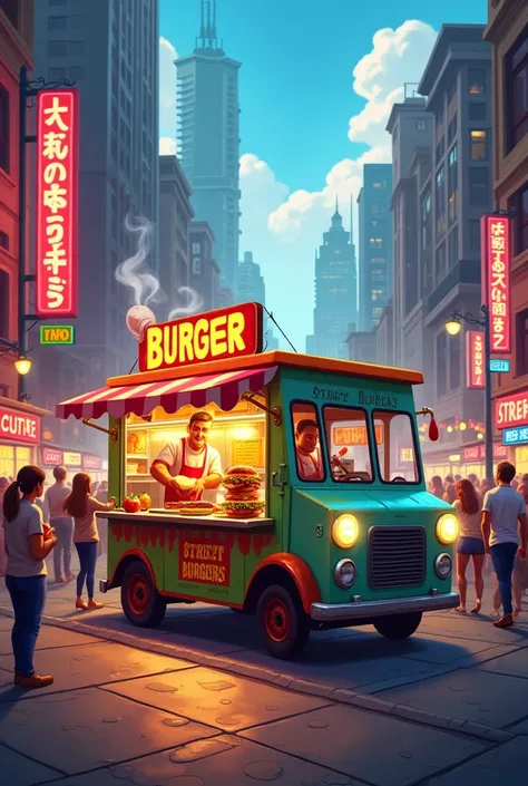 create a poster of a street burguer made in a food truck