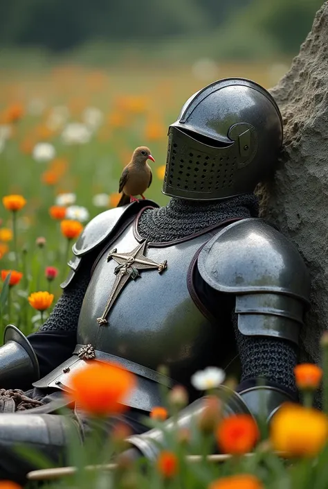 medieval warrior (minute details in the armor) with a helmet that covers his entire face, is leaning on a stone, dead, with an arrow piercing his chest, with a kiwi (the kiwi bird) on his chest in a field of flowers, full body image 