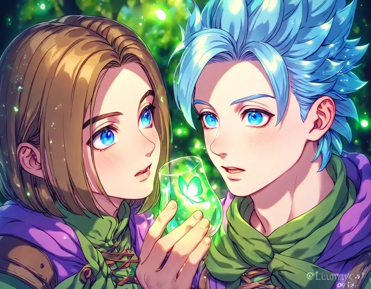 absurdres, highres, ultra detailed, HDR, master piece, best quality, extremely detailed face, detailed eyes, Erik, light-blue hair, expressive blue eyes, hair spiked up, Dragon Quest XI, Luminary, brown hair, expressive blue eyes, two sexy adult men togeth...