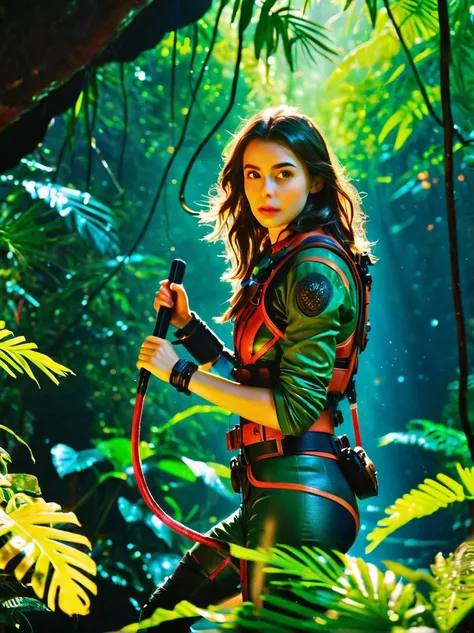 A daring female explorer, traversing the depths of a vibrant, alien jungle teeming with fascinating, never-before-seen creatures ([Lily Collins|Victoria Justice|Emma Roberts]:0.8),  Green eyes, detailed clothes, skinny, shinny glossy skin, subsurface scatt...