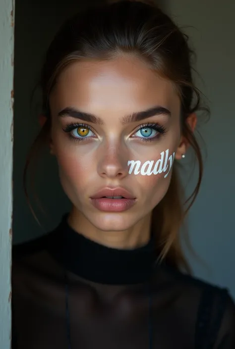 The beautiful 1 French fashion model has heterochromatic eyes.、The right eye is yellow and the left eye is blue.、On the right cheek of the face「Madly」It is written in white、In a ponytail, With seductive eyes, Indoors、French setting