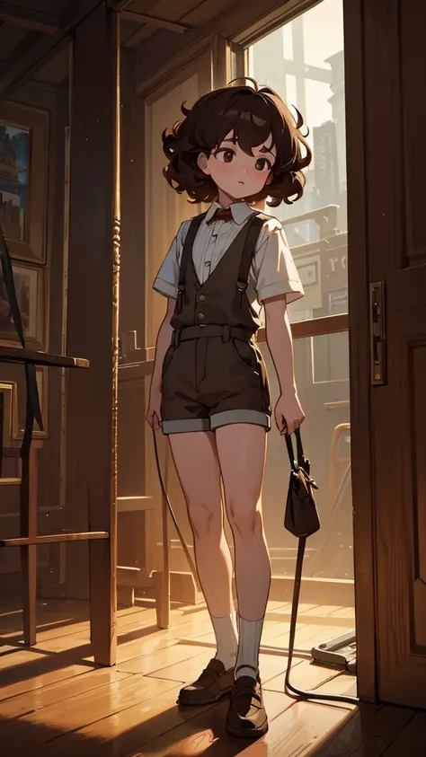 Brown Hair、Curly hair、Shorts、suspenders、I have an injured knee、boy, Surrealism, cinematic lighting, UHD, high details, best quality, highres, 16k