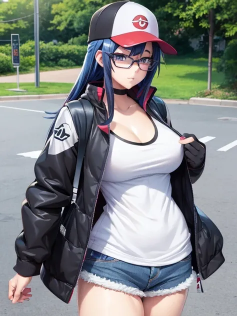 Anime character wearing glasses and a baseball cap, Digital rendering inspired by Rei Kamoi, Pixiv, What it is？, Pokemon Misty, Casual clothing, Female protagonist 👀 :8, Revealing clothing, Anya from Spy x Family, thick, Faye Valentine, In clothes! Very de...